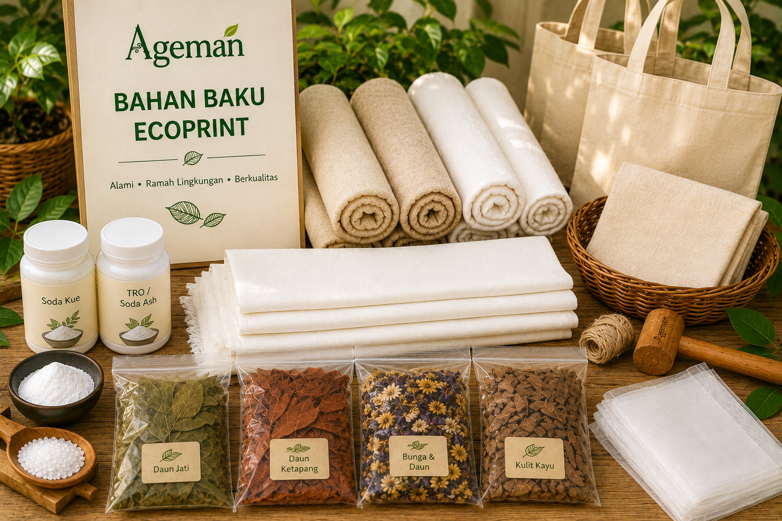 Bahan baku ecoprint Ageman berupa kain, daun, pewarna alami, dan perlengkapan
