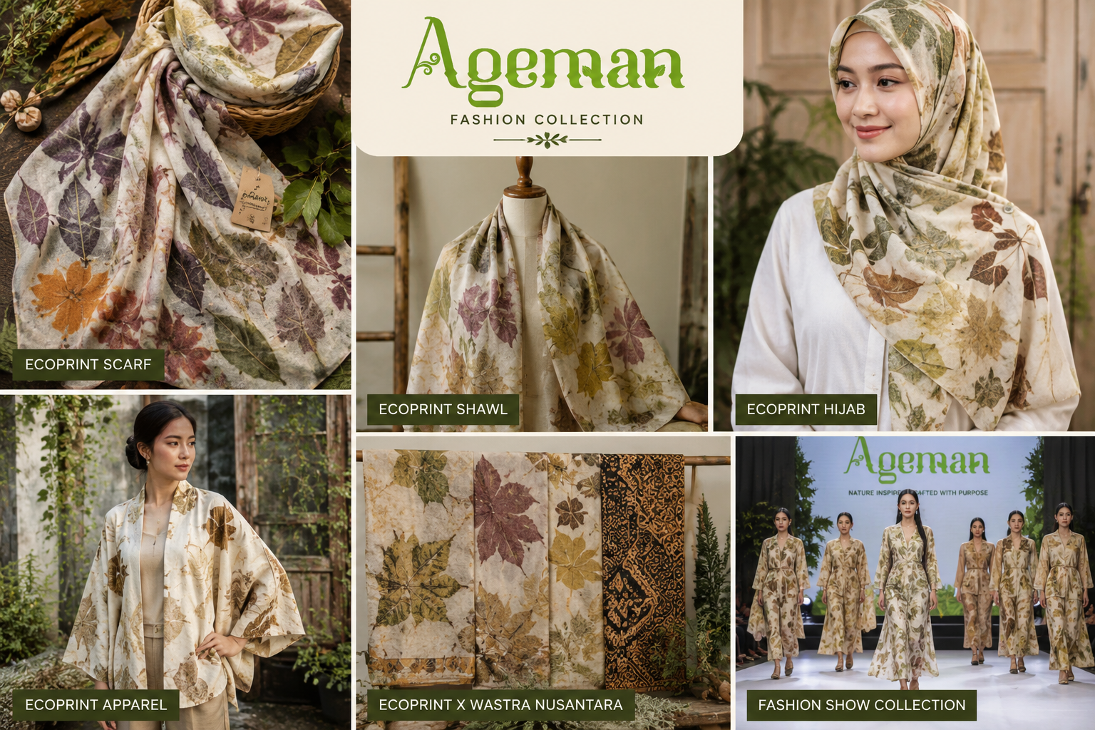 Ageman Fashion Collection ecoprint scarf, hijab, apparel, dan fashion show