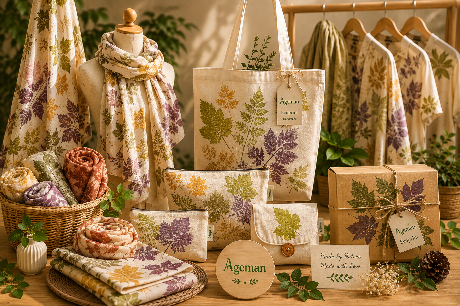 Produk ecoprint Ageman berupa kain, scarf, tote bag, pouch, dan packaging